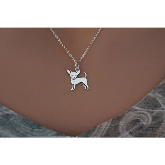 Sterling Silver Chihuahua Dog Necklace, Silver Chihuahua Dog Charm Necklace - Picture 2 of 2